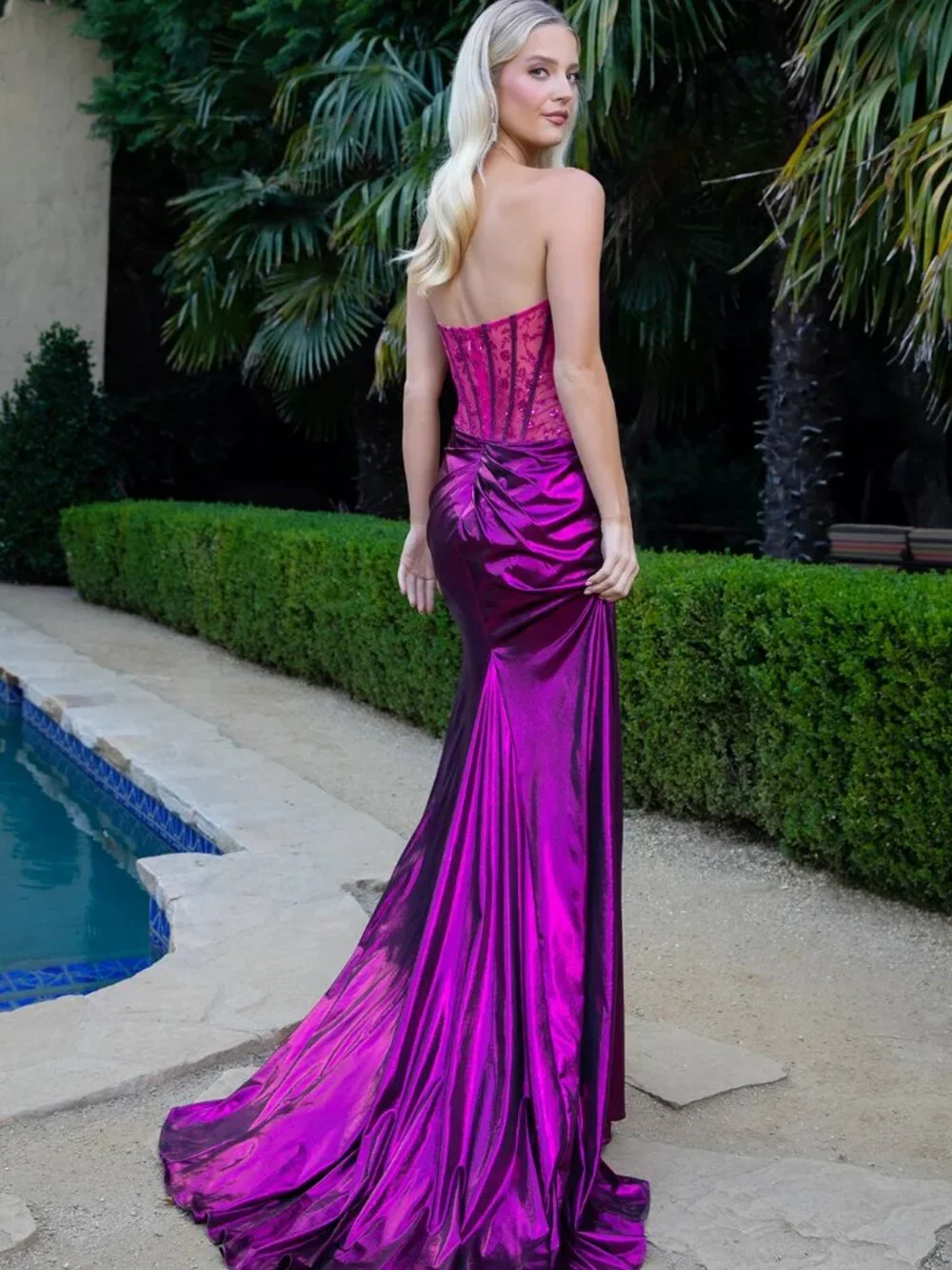 NEW MAGENTA Sequin & Mesh Strapless Prom Gown Floor Length With Slit GL3591